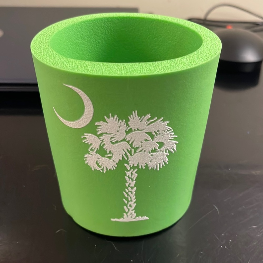 Lime Green South Carolina can coozie with state sign